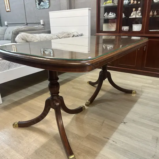 Stunning Oval Mahogany Dining Table, Double Pedestal With Brass Claw Feet, Glass Cover. H77 W150 D94cm