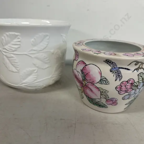 Vintage White Leaf Embellished Jardiniere  Planter Pot & Floral Chinese Pot