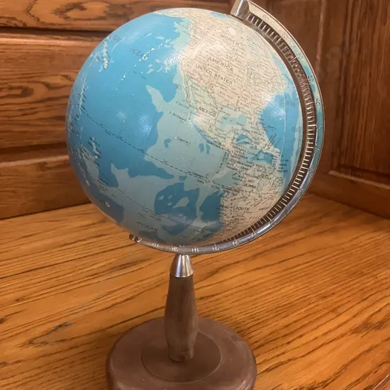 Vintage 1960's Atlas World Globe Made In Japan. Rotating, Wooden Base. H34cm