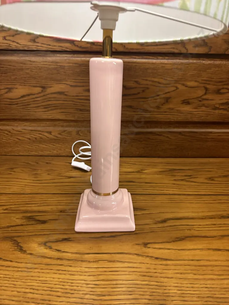 Table Lamp Pink Base With Round Floral Shade H57cm. Image 1++