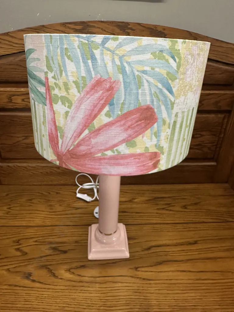 Table Lamp Pink Base With Round Floral Shade H57cm. Image 1++