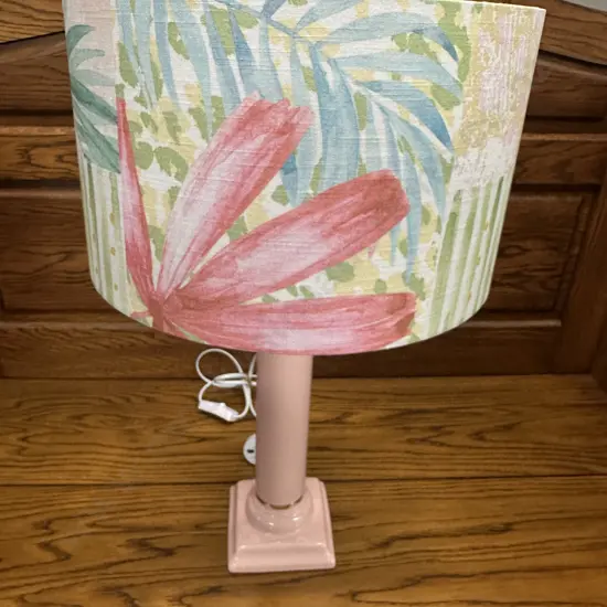 Table Lamp Pink Base With Round Floral Shade H57cm.