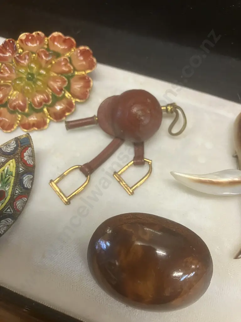 Vintage Brooches - 1940s Horse Riding Hat & Stirrups, Italian Micro Mosaic Floral, Mother of Pearl Starfish Etc Image 1++