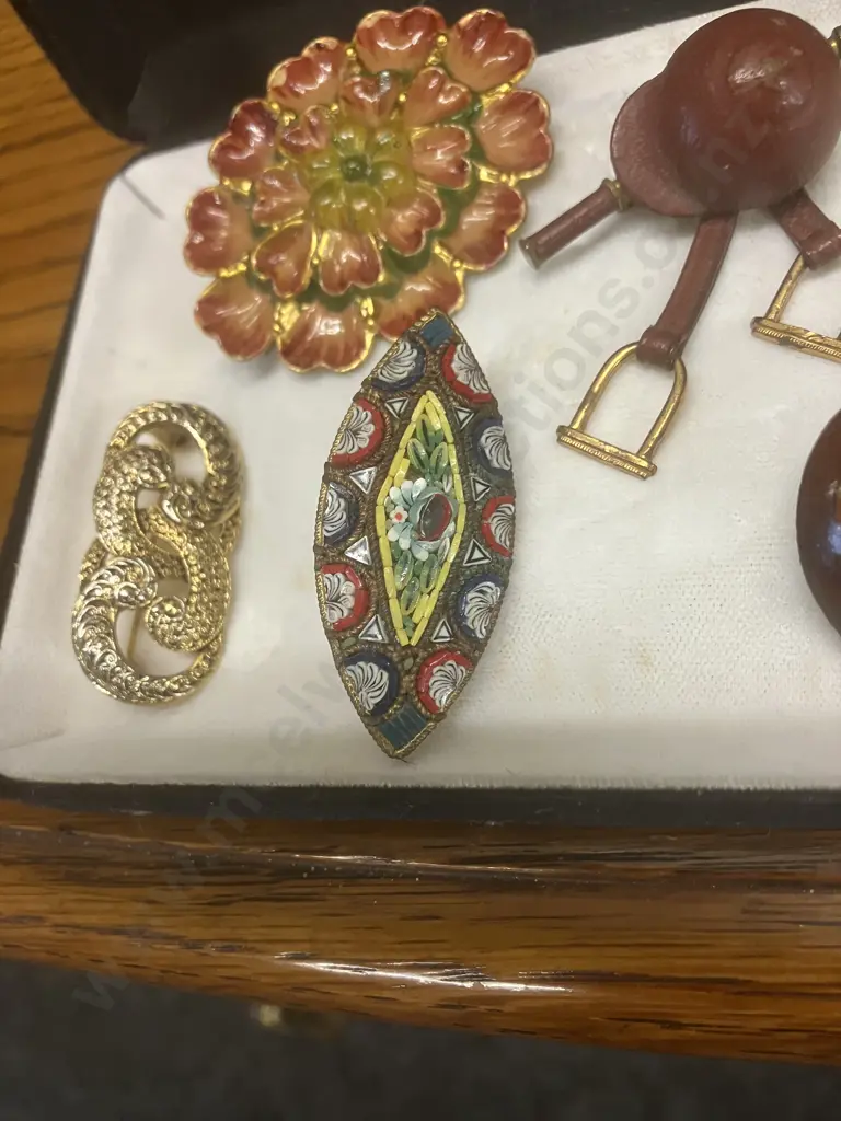 Vintage Brooches - 1940s Horse Riding Hat & Stirrups, Italian Micro Mosaic Floral, Mother of Pearl Starfish Etc Image 1++