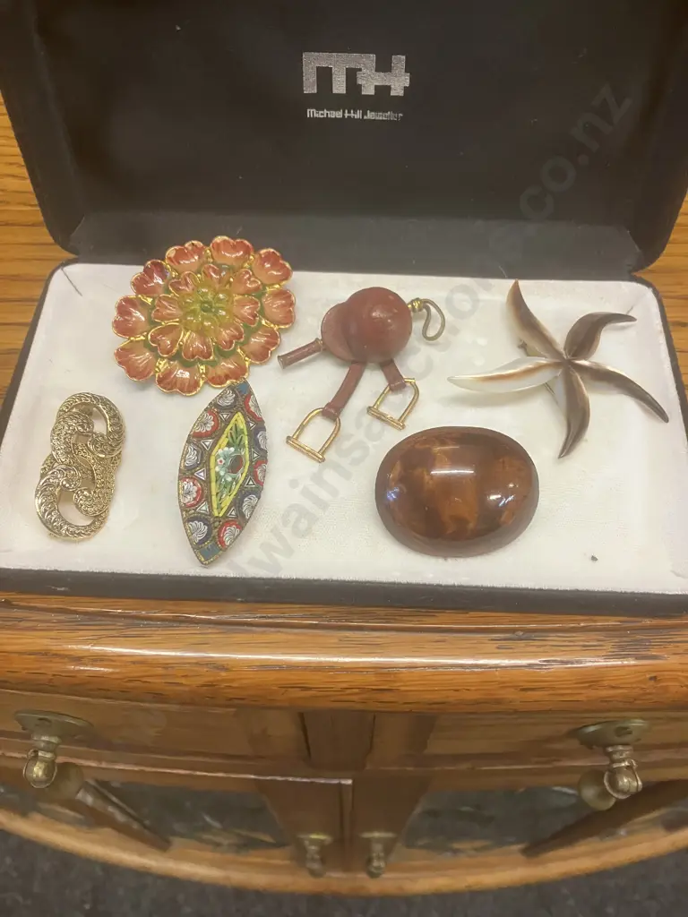 Vintage Brooches - 1940s Horse Riding Hat & Stirrups, Italian Micro Mosaic Floral, Mother of Pearl Starfish Etc Image 1++