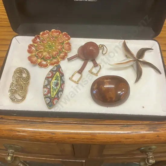 Vintage Brooches - 1940s Horse Riding Hat & Stirrups, Italian Micro Mosaic Floral, Mother of Pearl Starfish Etc