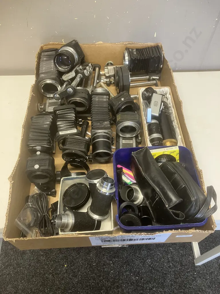 Box Lot Camera Sundries, Bellows Etc Image 1++