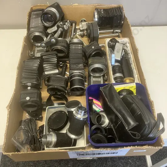 Box Lot Camera Sundries, Bellows Etc