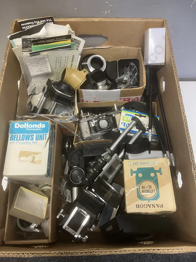 Box Lot Camera Sundries, Bellows, Manuals Etc Image 1++
