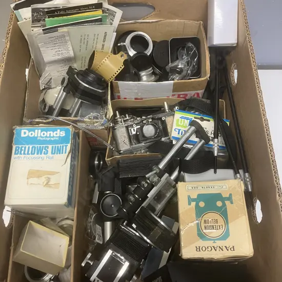 Box Lot Camera Sundries, Bellows, Manuals Etc