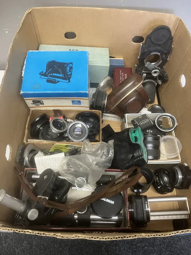Box Lot Camera Sundries, Bellows Etc Image 1++