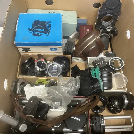 Box Lot Camera Sundries, Bellows Etc