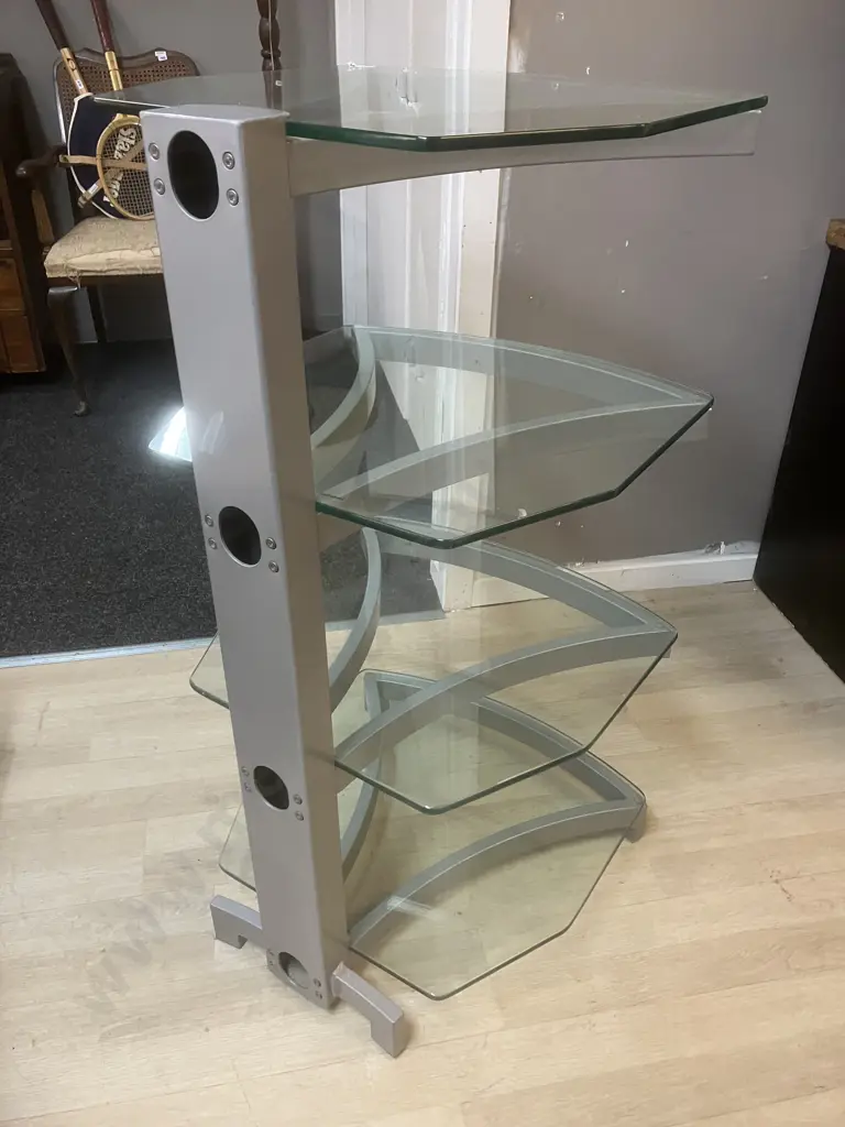 OmniMount Stellar Series 4-Shelf Audio / Component Tower - Grey With 10mm Clear Glass Shelves. H101 D52 W55.5cm Image 1++