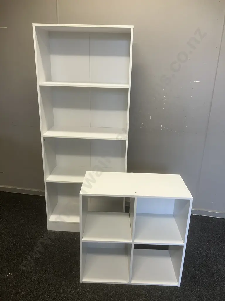 White 4 Shelf Bookcase (H147 W60 D28cm) & White Storage Cube (60 x 29cm) Image 1++