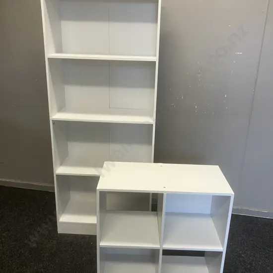 White 4 Shelf Bookcase (H147 W60 D28cm) & White Storage Cube (60 x 29cm)