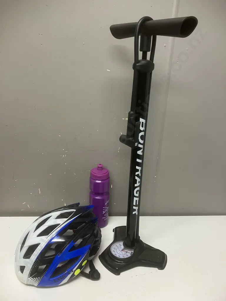 Bontrager Charger Floor Pump, Livall Bling (54-62cm) Helmet, Water Bottle Image 1++