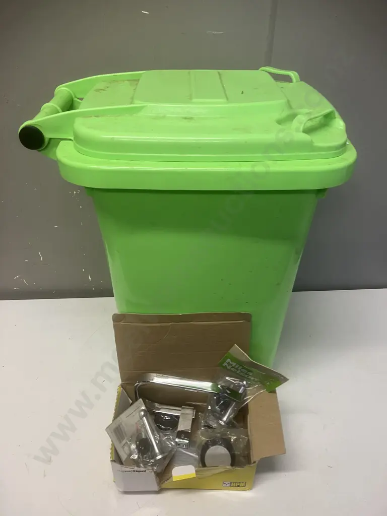 Small Green Bin With Assorted House Hardware Items Image 1++