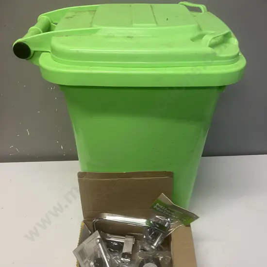 Small Green Bin With Assorted House Hardware Items