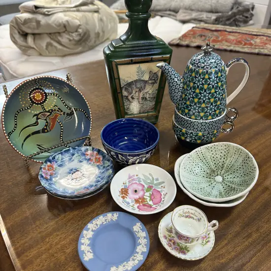 Selection Of China Items Including Grey Fox Jim Beam Decanter, Tea For Two, Demi Dishes Etc