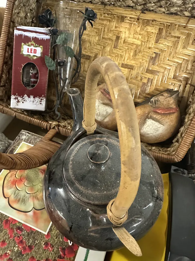 Box Lot Of Assorted Items Including Japanese Teapot, Oil Burner, Cane Basket Etc Image 1++