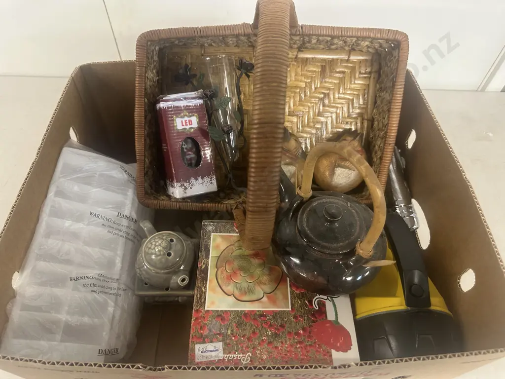 Box Lot Of Assorted Items Including Japanese Teapot, Oil Burner, Cane Basket Etc Image 1++