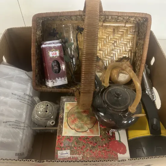 Box Lot Of Assorted Items Including Japanese Teapot, Oil Burner, Cane Basket Etc