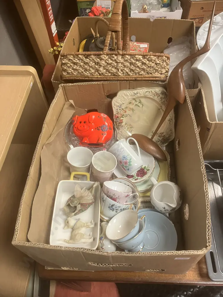 Box Lot - KK Japan Piggy Bank, Vintage Plates, Duos, Crystal & Glass Bowls, Wooden Crane (Repaired) Image 1++