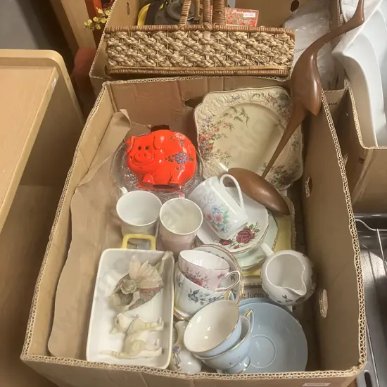 Box Lot - KK Japan Piggy Bank, Vintage Plates, Duos, Crystal & Glass Bowls, Wooden Crane (Repaired)