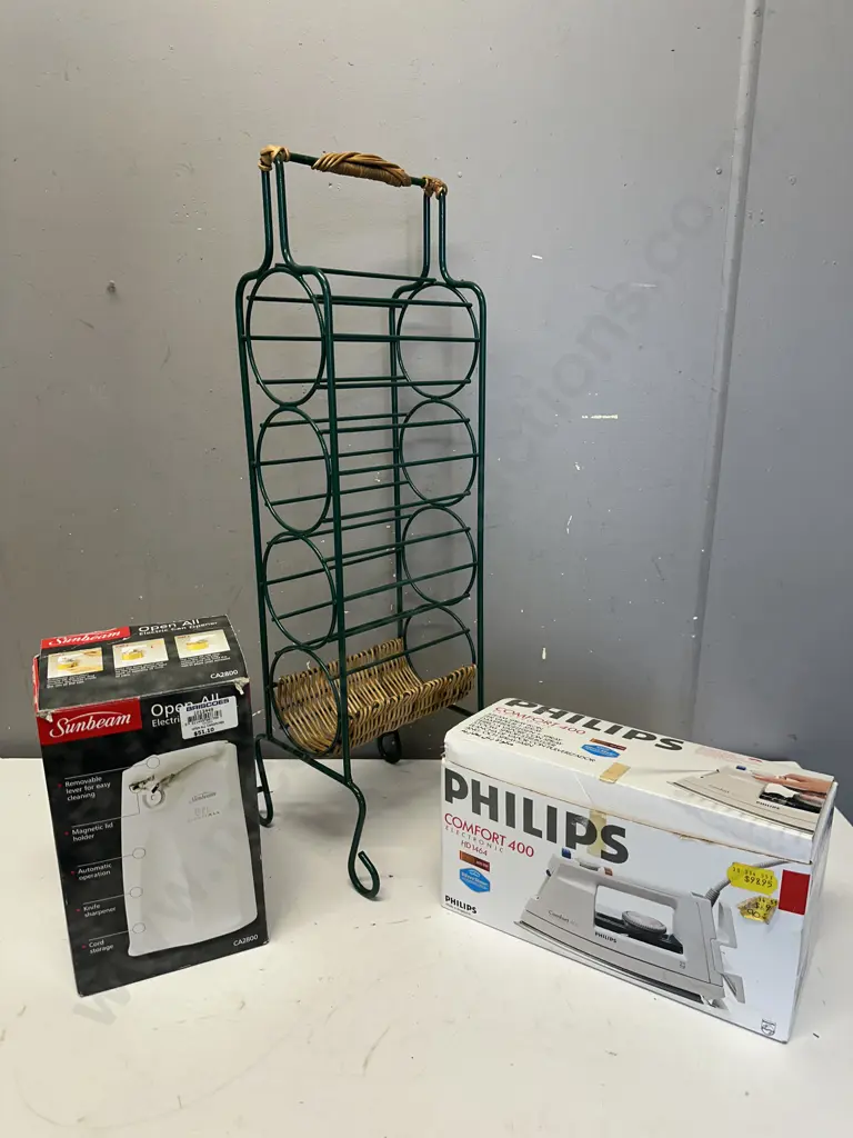 Phillips Comfort 400 Electronic Iron, Sunbeam Open All Can Opener & $ Bottle Wine Rack Image 1++