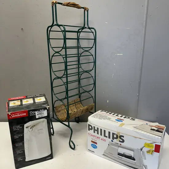 Phillips Comfort 400 Electronic Iron, Sunbeam Open All Can Opener & $ Bottle Wine Rack