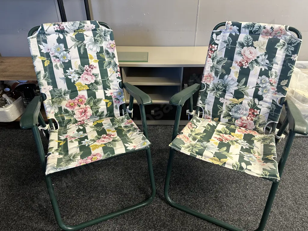 Pair Of Fold Up Chairs Green With Floral Padded Back & Seat Image 1++