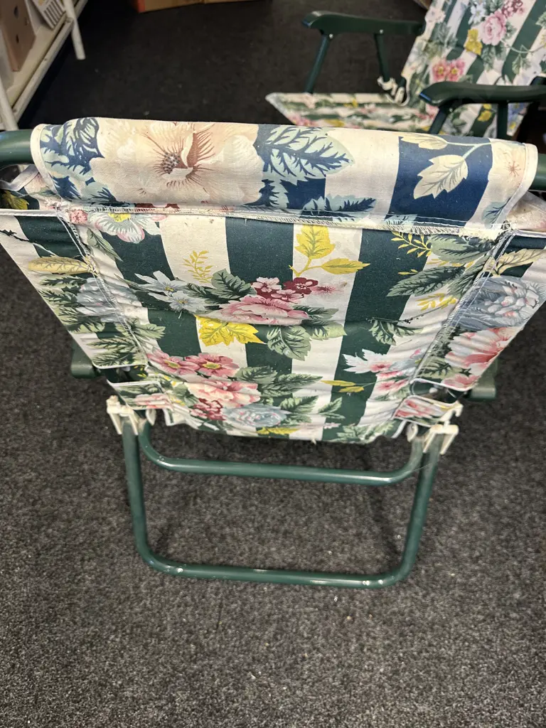 Pair Of Fold Up Chairs Green With Floral Padded Back & Seat Image 1++