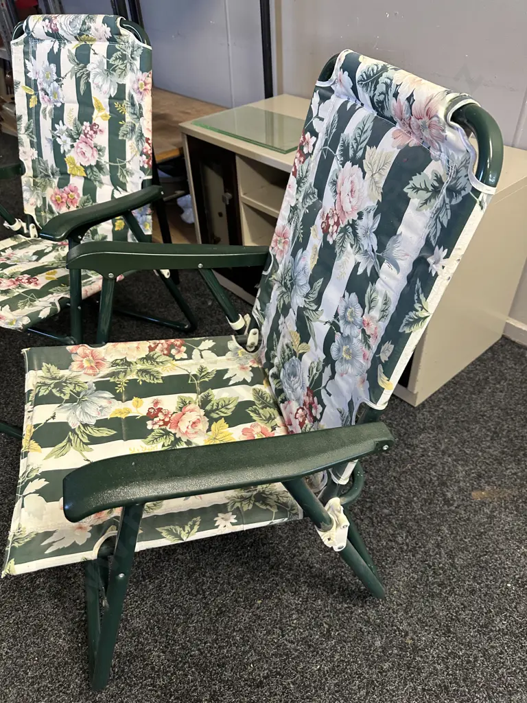 Pair Of Fold Up Chairs Green With Floral Padded Back & Seat Image 1++