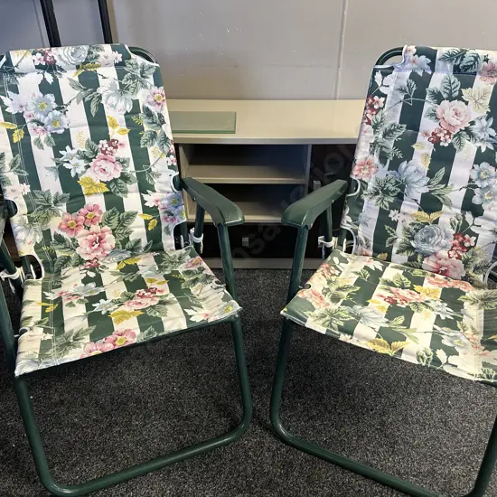 Pair Of Fold Up Chairs Green With Floral Padded Back & Seat