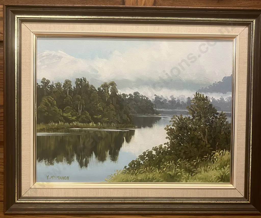 Yvonne McMahon "Morning Mist" - Lake Mapourika South Westland Framed Oil Painting, Signed. 40 x 50cm Image 1++