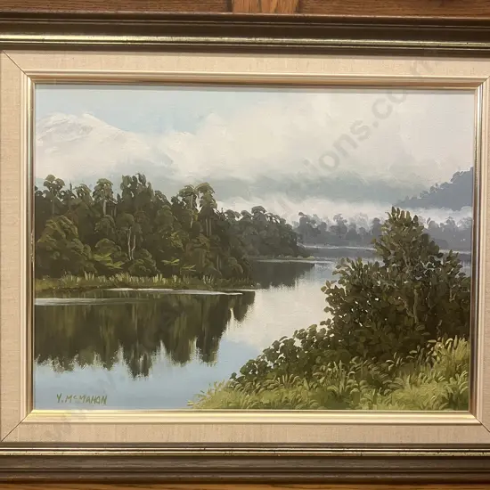 Yvonne McMahon "Morning Mist" - Lake Mapourika South Westland Framed Oil Painting, Signed. 40 x 50cm