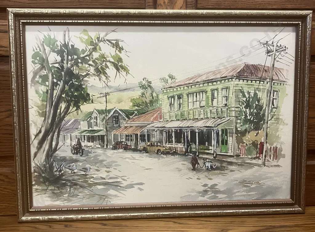 Framed Watercolour of a Country Town Street Scene Signed Ivor. 42 x 60cm Image 1++
