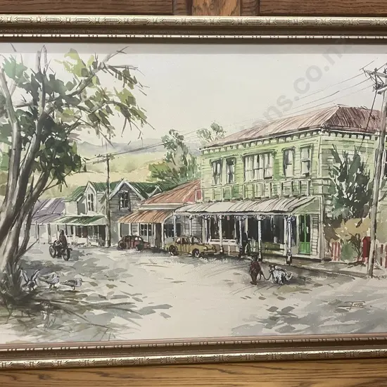 Framed Watercolour of a Country Town Street Scene Signed Ivor. 42 x 60cm