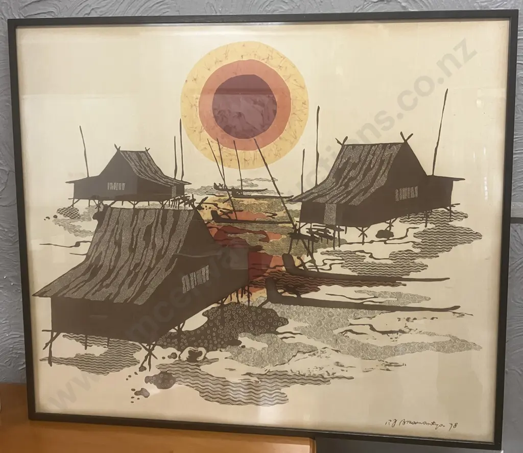 Fishing Village Batik Signed Bottom Right. Framed 78 x 90cm Image 1++