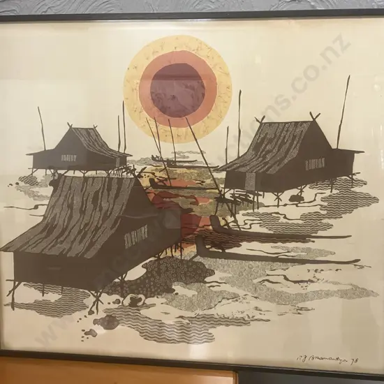 Fishing Village Batik Signed Bottom Right. Framed 78 x 90cm