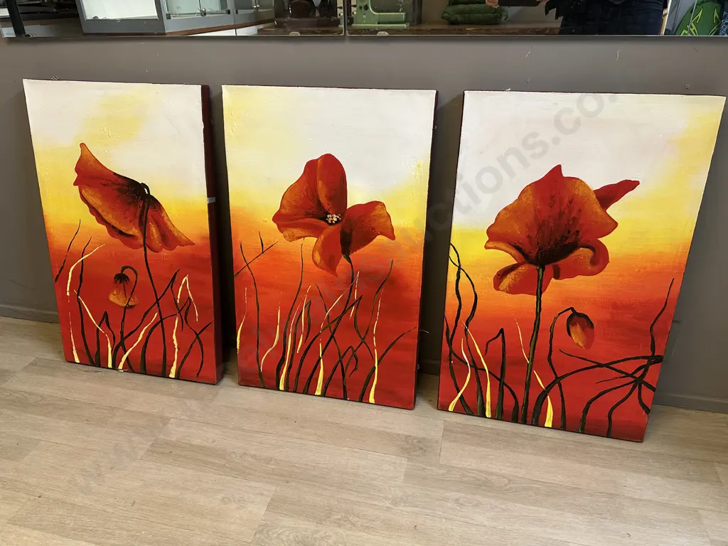 Set Of Three Wall Art Pictures On Canvas Red Poppy Flowers Painted On Yellow & Orange H81 W50cm.  Image 1++