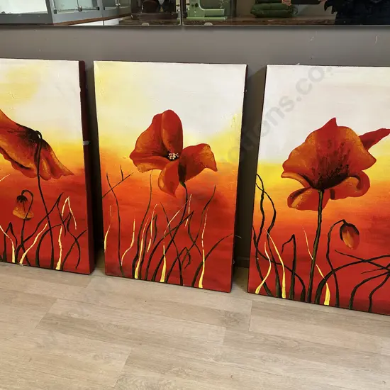 Set Of Three Wall Art Pictures On Canvas Red Poppy Flowers Painted On Yellow & Orange H81 W50cm. 