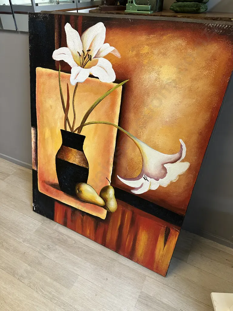 Still Life Picture On Canvas Lilly & Pears H100 W81cm. Image 1++