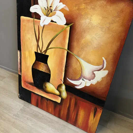 Still Life Picture On Canvas Lilly & Pears H100 W81cm.