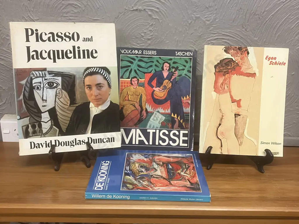 Picasso & Jacqueline - D Duncan 1988, Matisse - Taschen1978, Egon Schiele - S Wilson 1989, De Kooning - Harry Gaugh 1983 Image 1++