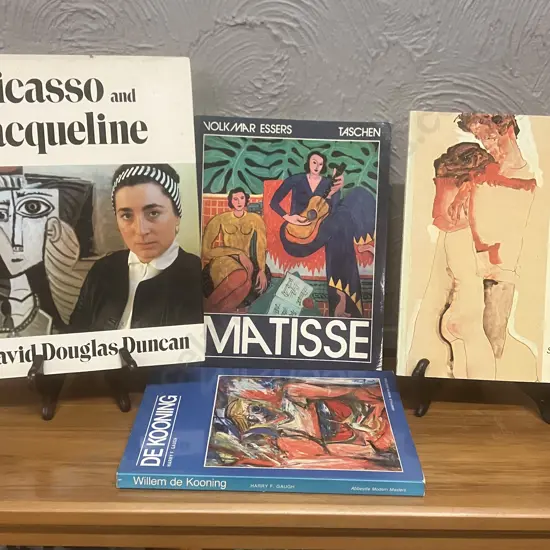 Picasso & Jacqueline - D Duncan 1988, Matisse - Taschen1978, Egon Schiele - S Wilson 1989, De Kooning - Harry Gaugh 1983