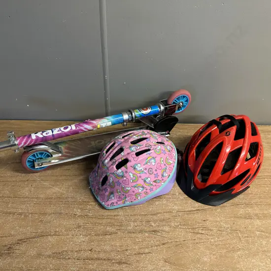 Childrens Razor Scooter & Helmet Size Small With Wata Helmet Size 54-61cm.