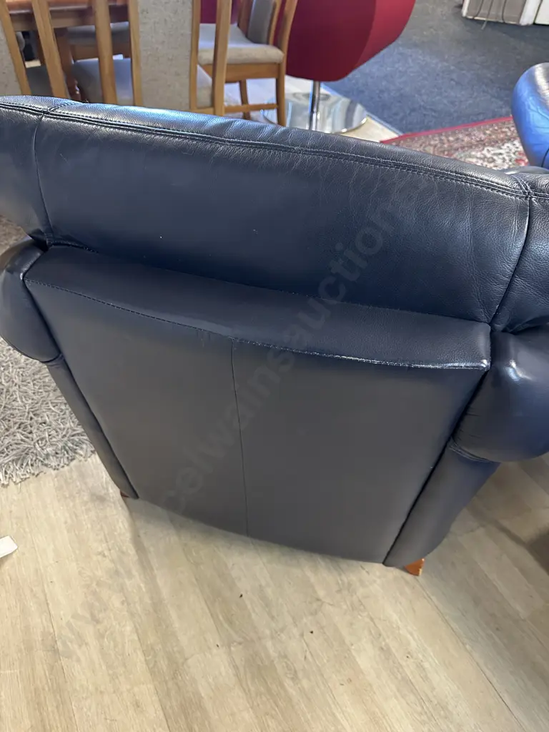 Pair Of Navy Leather Armchairs Rolled Arm Wooden Feet Image 1++