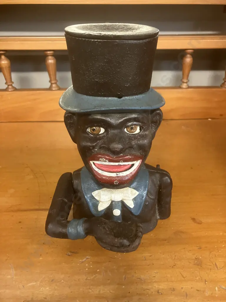 Antique Painted Cast Iron Mechanical Money Bank With Original Paintwork & Base Plate. H20cm Image 1++
