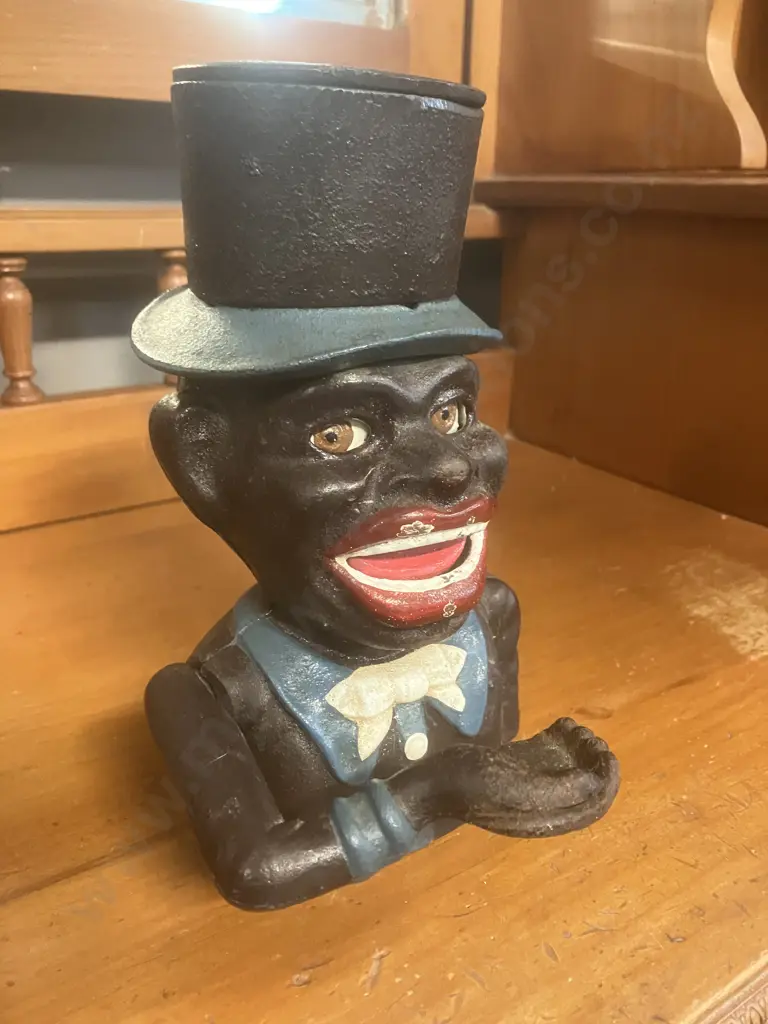 Antique Painted Cast Iron Mechanical Money Bank With Original Paintwork & Base Plate. H20cm Image 1++